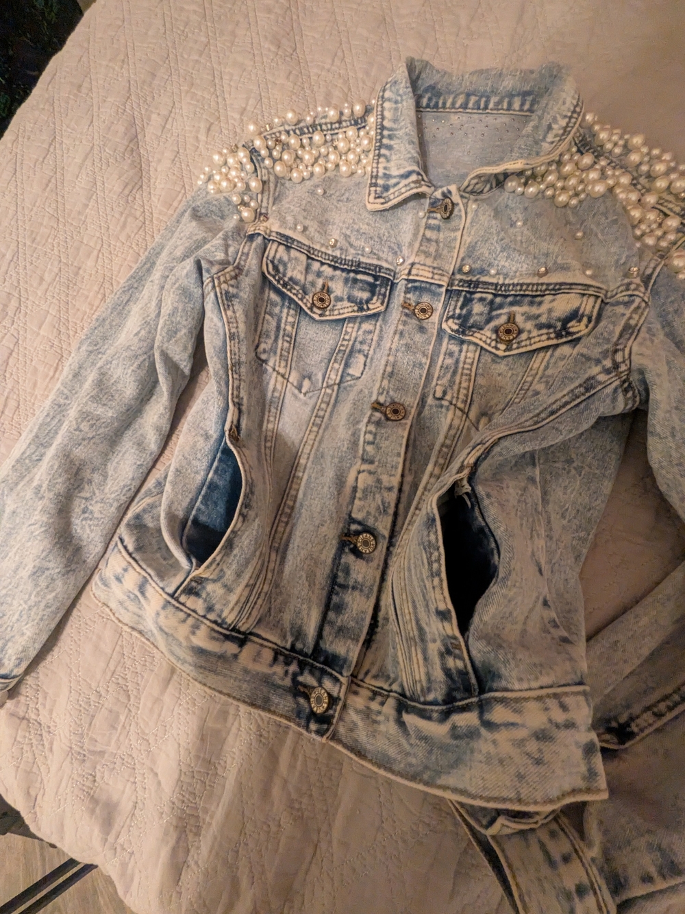 Pearl Embellished Blue Denim Jacket Like New